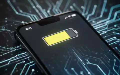 Smartphone-Bildschirm mit gelbem Batteriesymbol in der Statusleiste, das den Energiesparmodus anzeigt, unscharfer Technik-Hintergrund. - Foto: über boerse-global.de