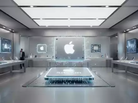 Schlanke, leuchtende Apple-Silicon-Chips in futuristischem, minimalistischen Apple-Store, Symbol technologischen Fortschritts. - Foto: über boerse-global.de