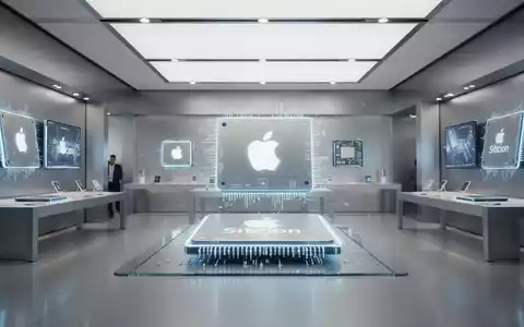 Schlanke, leuchtende Apple-Silicon-Chips in futuristischem, minimalistischen Apple-Store, Symbol technologischen Fortschritts. - Foto: über boerse-global.de