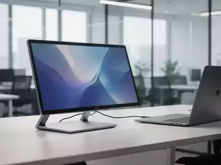 Ein schlanker portabler Monitor, verbunden mit einem Laptop auf einem modernen Schreibtisch, symbolisiert mobile Produktivität und Dual-Screen-Setups. - Foto: über boerse-global.de