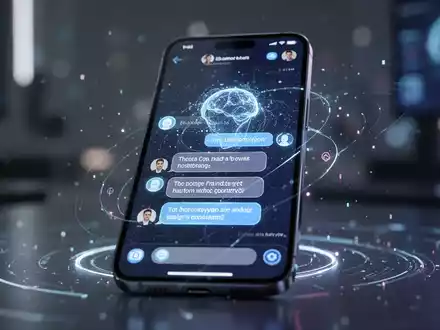Nahaufnahme eines modernen iPhone-Bildschirms mit KI-Chatbot-Oberfläche und leuchtenden Datenelementen, die fortschrittliche Technologie symbolisieren. - Foto: über boerse-global.de