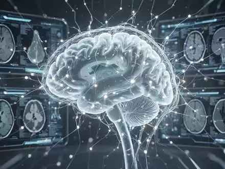 Eine futuristische Darstellung von Künstlicher Intelligenz, die mit medizinischen Daten und Gehirnscans interagiert, in blauen und weißen Farbtönen. - Foto: über boerse-global.de