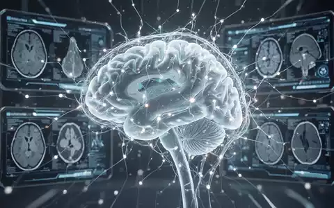 Eine futuristische Darstellung von Künstlicher Intelligenz, die mit medizinischen Daten und Gehirnscans interagiert, in blauen und weißen Farbtönen. - Foto: über boerse-global.de