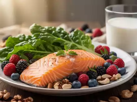 Ein Teller mit einer gesunden Mahlzeit, die Lachs, grünes Gemüse, Beeren und Nüsse enthält, zur Förderung der Haargesundheit. - Foto: über boerse-global.de