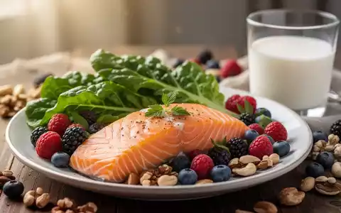 Ein Teller mit einer gesunden Mahlzeit, die Lachs, grünes Gemüse, Beeren und Nüsse enthält, zur Förderung der Haargesundheit. - Foto: über boerse-global.de