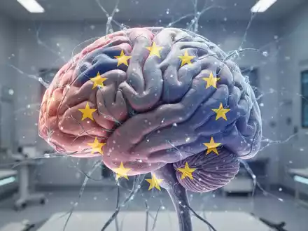 Nahaufnahme eines stilisierten, leuchtenden Gehirnmodells mit neuralen Verbindungen und einem dezenten EU-Flaggenmuster, vor sterilem, futuristischem Hintergrund. - Foto: über boerse-global.de