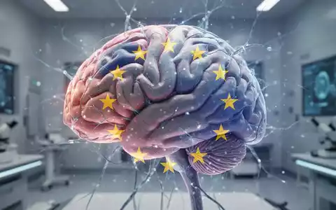 Nahaufnahme eines stilisierten, leuchtenden Gehirnmodells mit neuralen Verbindungen und einem dezenten EU-Flaggenmuster, vor sterilem, futuristischem Hintergrund. - Foto: über boerse-global.de