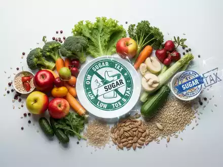 Eine stilistisch dargestellte gesunde Ernährung mit frischem Obst, Gemüse und Vollkornprodukten, daneben ein Symbol für Zuckersteuer. - Foto: über boerse-global.de