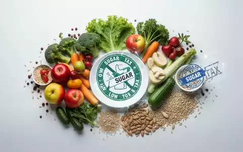 Eine stilistisch dargestellte gesunde Ernährung mit frischem Obst, Gemüse und Vollkornprodukten, daneben ein Symbol für Zuckersteuer. - Foto: über boerse-global.de