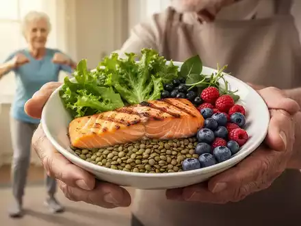 Ältere Hände halten eine gesunde Mahlzeit mit Proteinen und Ballaststoffen, im Hintergrund eine leicht trainierende Person. - Foto: über boerse-global.de