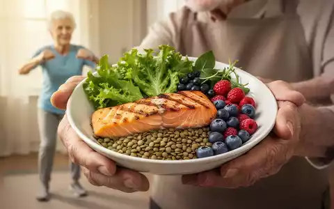 Ältere Hände halten eine gesunde Mahlzeit mit Proteinen und Ballaststoffen, im Hintergrund eine leicht trainierende Person. - Foto: über boerse-global.de