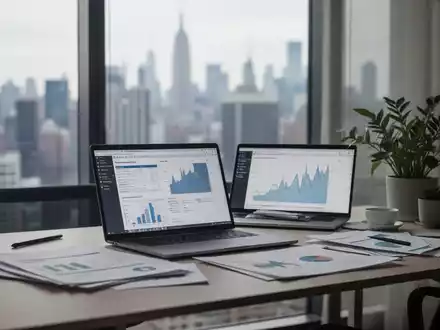 Ein modernes Homeoffice mit Laptop und Dokumenten auf dem Schreibtisch. Im Hintergrund ist eine Stadtlandschaft verschwommen zu sehen. - Foto: über boerse-global.de