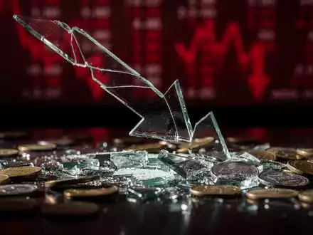 Ein zerbrochener, nach unten zeigender Pfeil aus Glas, umgeben von verstreuten, entwerteten Münzen, symbolisiert einen Aktienabsturz. - Foto: über boerse-global.de