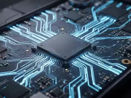 Nahaufnahme eines detaillierten Smartphone-Logikboards mit blauen, thermische Pfade anzeigenden Leuchtlinien und einem zentralen Prozessorchip. - Foto: über boerse-global.de