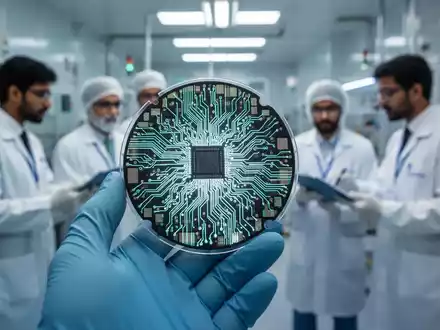 Nahaufnahme eines glühenden Halbleiterwafers in einer behandschuhten Hand, mit Ingenieuren im Hintergrund einer Hightech-Anlage. - Foto: über boerse-global.de