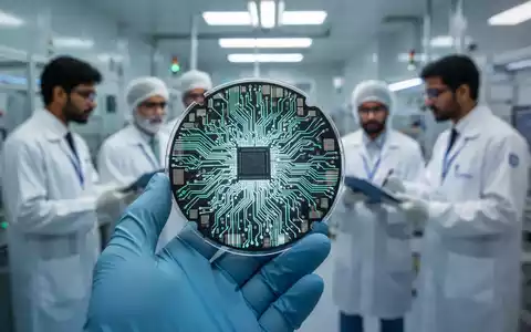 Nahaufnahme eines glühenden Halbleiterwafers in einer behandschuhten Hand, mit Ingenieuren im Hintergrund einer Hightech-Anlage. - Foto: über boerse-global.de