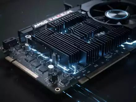 Nahaufnahme einer AMD Radeon Grafikkarte mit blauer Beleuchtung, die komplexe interne Komponenten und Kühlsystem zeigt. - Foto: über boerse-global.de