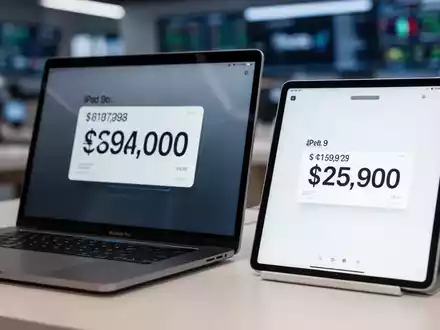 Ein MacBook Pro und ein iPad mit deutlich höheren Preisschildern, im Hintergrund verschwommen. - Foto: über boerse-global.de