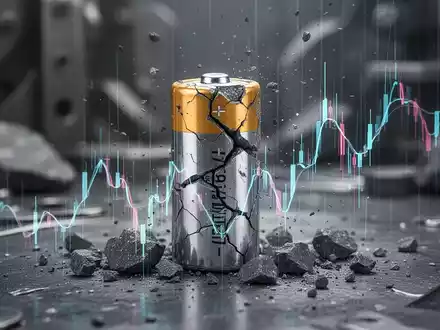 Eine rissige Lithiumbatteriezelle mit fallenden digitalen Linien, die sinkende Lithium-Futures-Preise symbolisieren. - Foto: über boerse-global.de