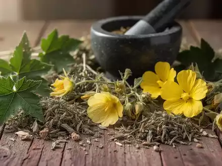 Nahaufnahme verschiedener getrockneter Heilkräuter und Pflanzen, darunter Abutilon indicum und Nachtkerze, auf einer Holzoberfläche mit Mörser. - Foto: über boerse-global.de
