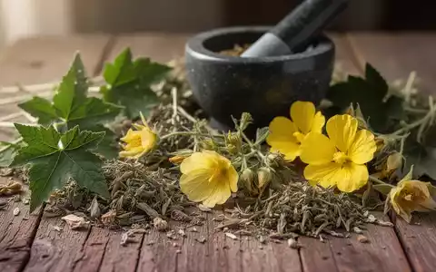 Nahaufnahme verschiedener getrockneter Heilkräuter und Pflanzen, darunter Abutilon indicum und Nachtkerze, auf einer Holzoberfläche mit Mörser. - Foto: über boerse-global.de