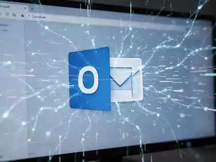 Leuchtendes neuronales Netzwerk visualisiert KI-Interaktion mit glitchigem Microsoft Outlook-Logo auf Bildschirm, symbolisiert KI-Fehlerbehebung. - Foto: über boerse-global.de