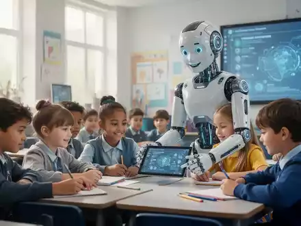Ein humanoider Roboter interagiert mit Schülern in einem modernen Klassenzimmer, was die Integration von KI in der Bildung darstellt. - Foto: über boerse-global.de