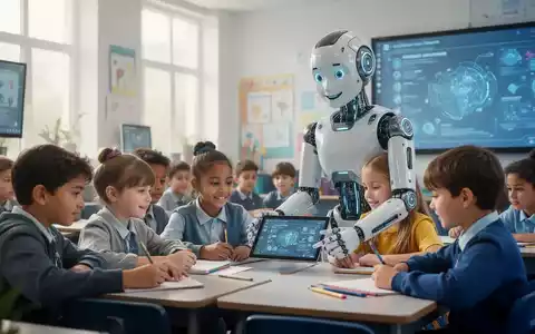 Ein humanoider Roboter interagiert mit Schülern in einem modernen Klassenzimmer, was die Integration von KI in der Bildung darstellt. - Foto: über boerse-global.de