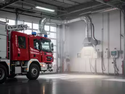 Feuerwehrmann in einer Fahrzeughalle, der eine Absauganlage an einen Feuerwehrauspuff anschließt, mit Monitoren im Hintergrund. - Foto: über boerse-global.de