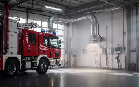 Feuerwehrmann in einer Fahrzeughalle, der eine Absauganlage an einen Feuerwehrauspuff anschließt, mit Monitoren im Hintergrund. - Foto: über boerse-global.de