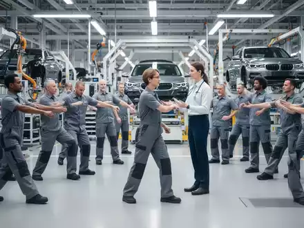 Mitarbeiter in einem modernen Werk führen unter Anleitung ergonomische Übungen durch, mit Fokus auf Haltung und Bewegung. - Foto: über boerse-global.de