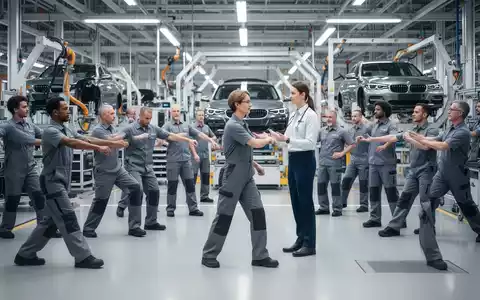 Mitarbeiter in einem modernen Werk führen unter Anleitung ergonomische Übungen durch, mit Fokus auf Haltung und Bewegung. - Foto: über boerse-global.de