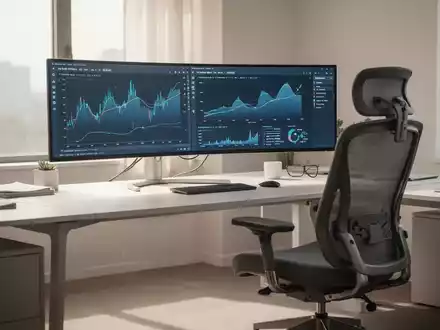 Ein moderner, ergonomischer Büroschreibtisch mit einem Ultrawide-Monitor, einem bequemen Bürostuhl und gedämpftem natürlichem Licht. - Foto: über boerse-global.de