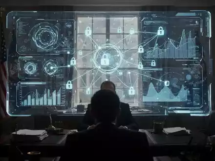 Holografische KI-Schnittstelle mit Daten, Silhouette einer Person in einem Regierungsbüro, Symbol für KI-Regulierung und Technologie. - Foto: über boerse-global.de