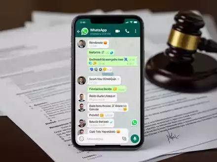 Smartphone-Bildschirm mit WhatsApp-Chat, im Hintergrund juristische Dokumente und ein Hammer, symbolisiert rechtliche Prüfung digitaler Kommunikation. - Foto: über boerse-global.de