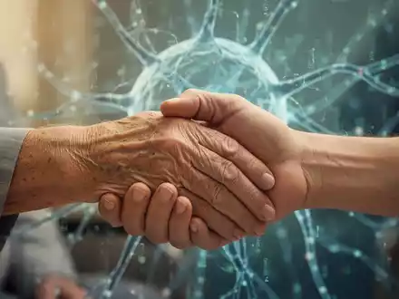 Eine ältere Hand wird sanft von einer jüngeren Hand gehalten, im Hintergrund verschwommen digitale Netzwerke. - Foto: über boerse-global.de