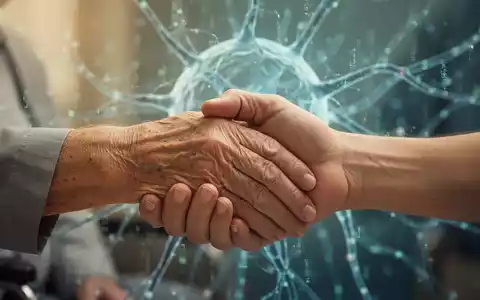 Eine ältere Hand wird sanft von einer jüngeren Hand gehalten, im Hintergrund verschwommen digitale Netzwerke. - Foto: über boerse-global.de