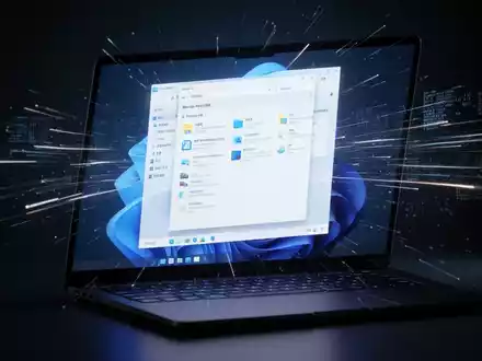 Leuchtendes Windows-11-Explorer-Fenster auf Laptop-Bildschirm mit leichten Lichtspuren für Geschwindigkeit und Effizienz. - Foto: über boerse-global.de