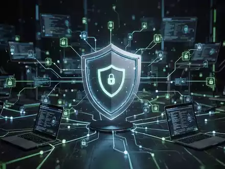 Ein stilisiertes, leuchtendes Schildsymbol über einem komplexen digitalen Netzwerk, das WLAN-Schutz und die Blockierung unbefugter Geräte darstellt. - Foto: über boerse-global.de