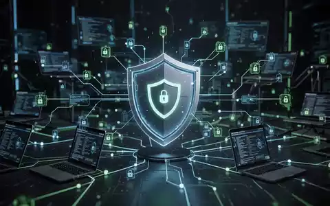 Ein stilisiertes, leuchtendes Schildsymbol über einem komplexen digitalen Netzwerk, das WLAN-Schutz und die Blockierung unbefugter Geräte darstellt. - Foto: über boerse-global.de