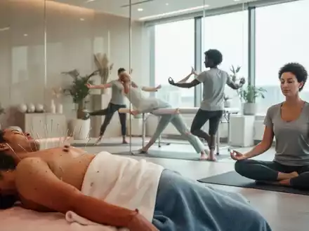 Verschiedene nicht-medikamentöse Schmerztherapien wie Akupunktur, Physiotherapie und Meditation in einer ruhigen, modernen Umgebung. - Foto: über boerse-global.de