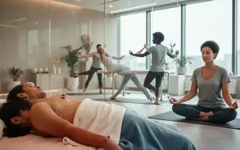 Verschiedene nicht-medikamentöse Schmerztherapien wie Akupunktur, Physiotherapie und Meditation in einer ruhigen, modernen Umgebung. - Foto: über boerse-global.de