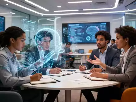 Eine Gruppe von Berufstätigen lernt in einem modernen, technologiegeprägten Umfeld, wobei eine Person mit einer KI-Schnittstelle interagiert. - Foto: über boerse-global.de