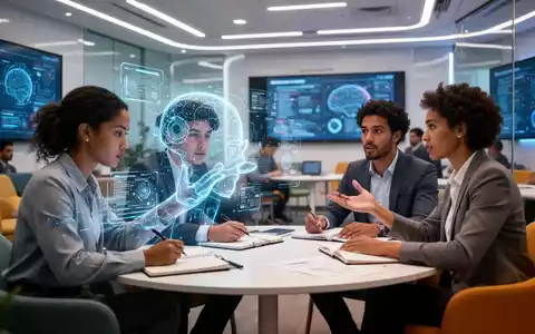 Eine Gruppe von Berufstätigen lernt in einem modernen, technologiegeprägten Umfeld, wobei eine Person mit einer KI-Schnittstelle interagiert. - Foto: über boerse-global.de
