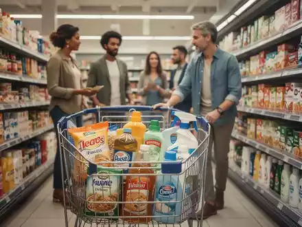 Ein Einkaufswagen gefüllt mit verschiedenen Konsumgütern in einem Supermarktgang, der das Wachstum des Konsumgütersektors symbolisiert. - Foto: über boerse-global.de