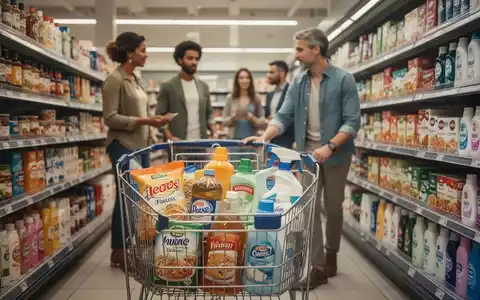 Ein Einkaufswagen gefüllt mit verschiedenen Konsumgütern in einem Supermarktgang, der das Wachstum des Konsumgütersektors symbolisiert. - Foto: über boerse-global.de