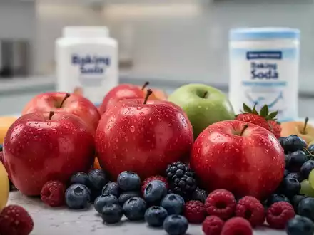 Nahaufnahme von frischem Obst mit Wassertropfen in einer modernen Küche, im Hintergrund verschwommen Natron. - Foto: über boerse-global.de