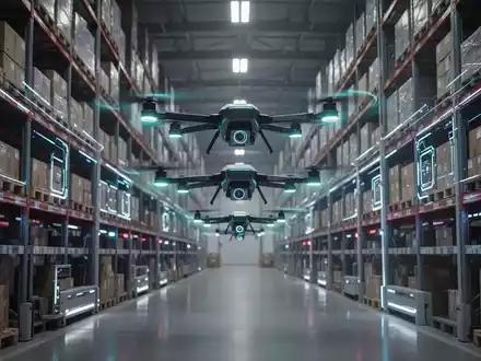 Autonome Drohnen fliegen durch ein großes, modernes Lagerhaus und scannen hohe Regale mit glühend blauen Lichtern. - Foto: über boerse-global.de