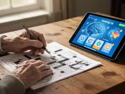 Ältere Hände, eine davon mit einem Stift, lösen ein Kreuzworträtsel, daneben ein Tablet mit einer Gehirntrainings-App. - Foto: über boerse-global.de