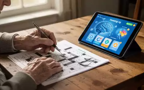 Ăltere HĂ€nde, eine davon mit einem Stift, lösen ein KreuzwortrĂ€tsel, daneben ein Tablet mit einer Gehirntrainings-App. - Foto: ĂŒber boerse-global.de